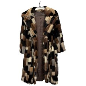 Vintage real fur salon patchwork TrenchCoat Embrodiered small checkered